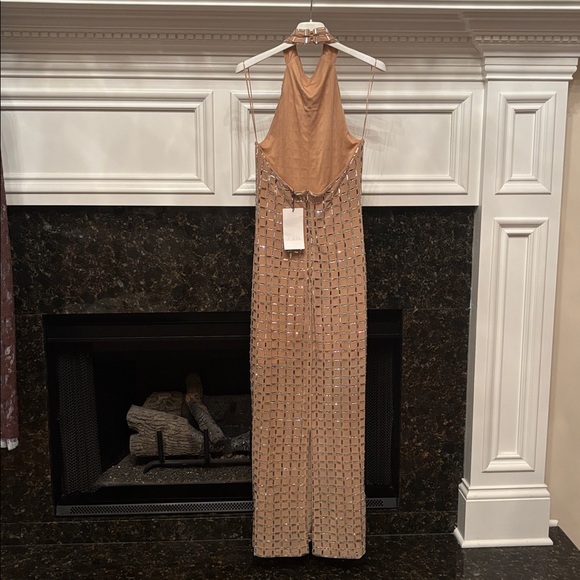 Zara sparkly mesh embellished studded halter long dress with back slit sz.S - Picture 10 of 16